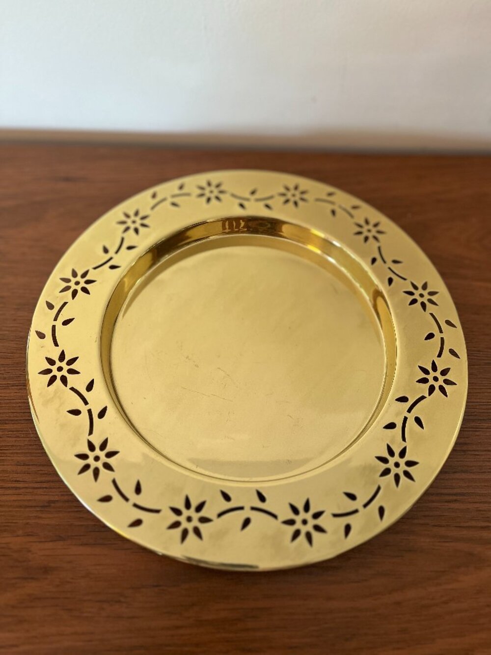 PartyLite Floral Tracery 3 Wick Candle Holder Tray 9.25" Brass Hollywood Regency
